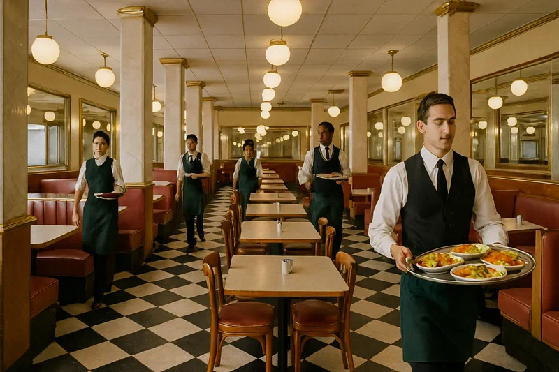 An AI-generated image of a retro diner on a street corner: checkered floors, marble columns, waiters in matching uniforms carrying silver trays, large mirrors along the walls. The colors are flat and the food is indistinct.