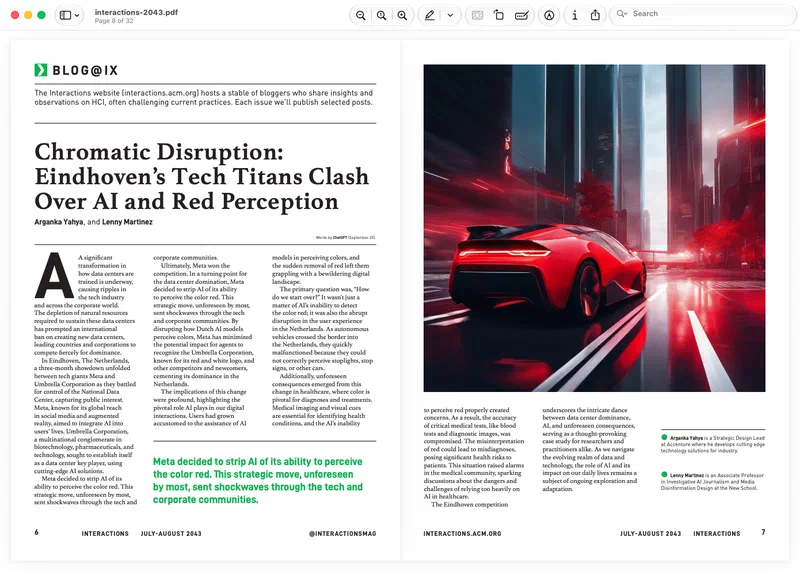 Magazine spread, pp. 6–7: the headline “Chromatic Disruption: Eindhoven’s Tech Titans Clash Over AI and Red Perception” set in three columns, facing a full-page generated image of a red sports car on a wet street. A green pull quote runs across the bottom of the left page.