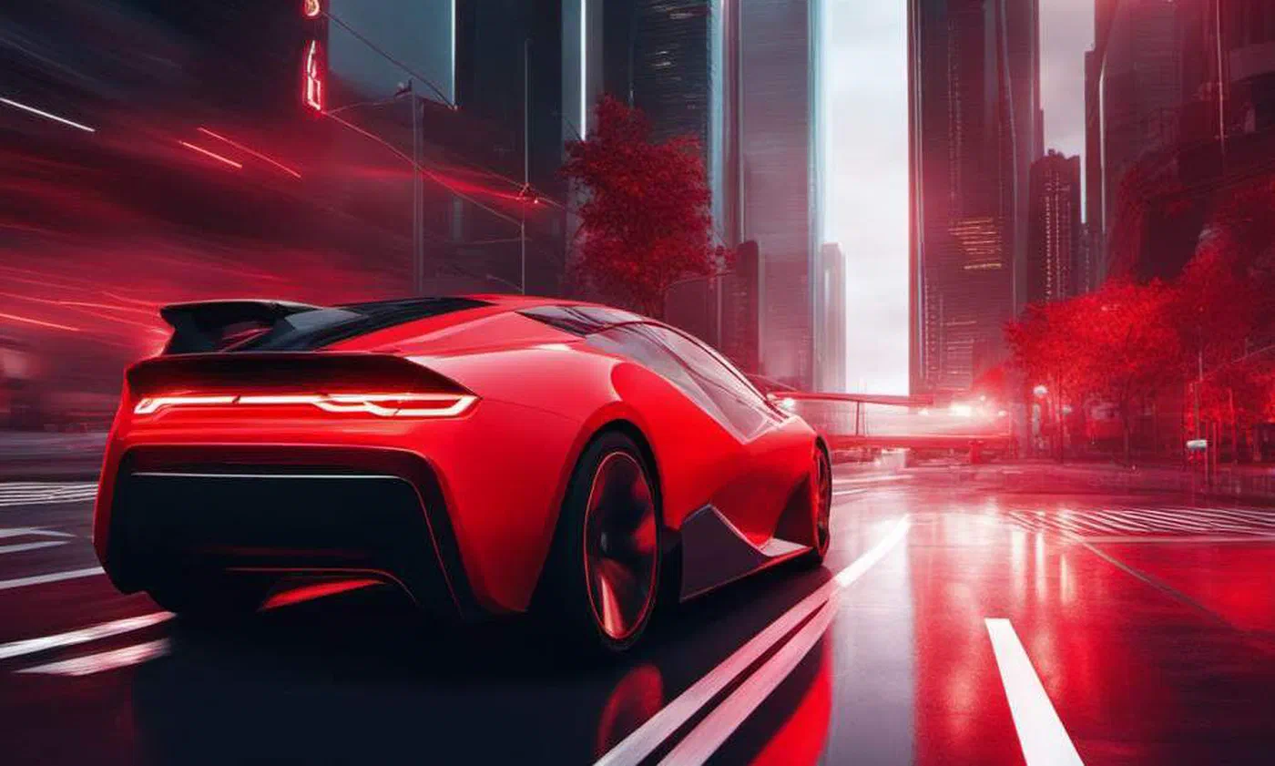 A synthetic image of a red sports car seen from behind, accelerating down a wet street between futuristic glass towers at dusk. Red neon streaks blur past on both sides, the roadside trees have red foliage, and red light reflects across the asphalt. Every other color in the scene is desaturated grey and blue.