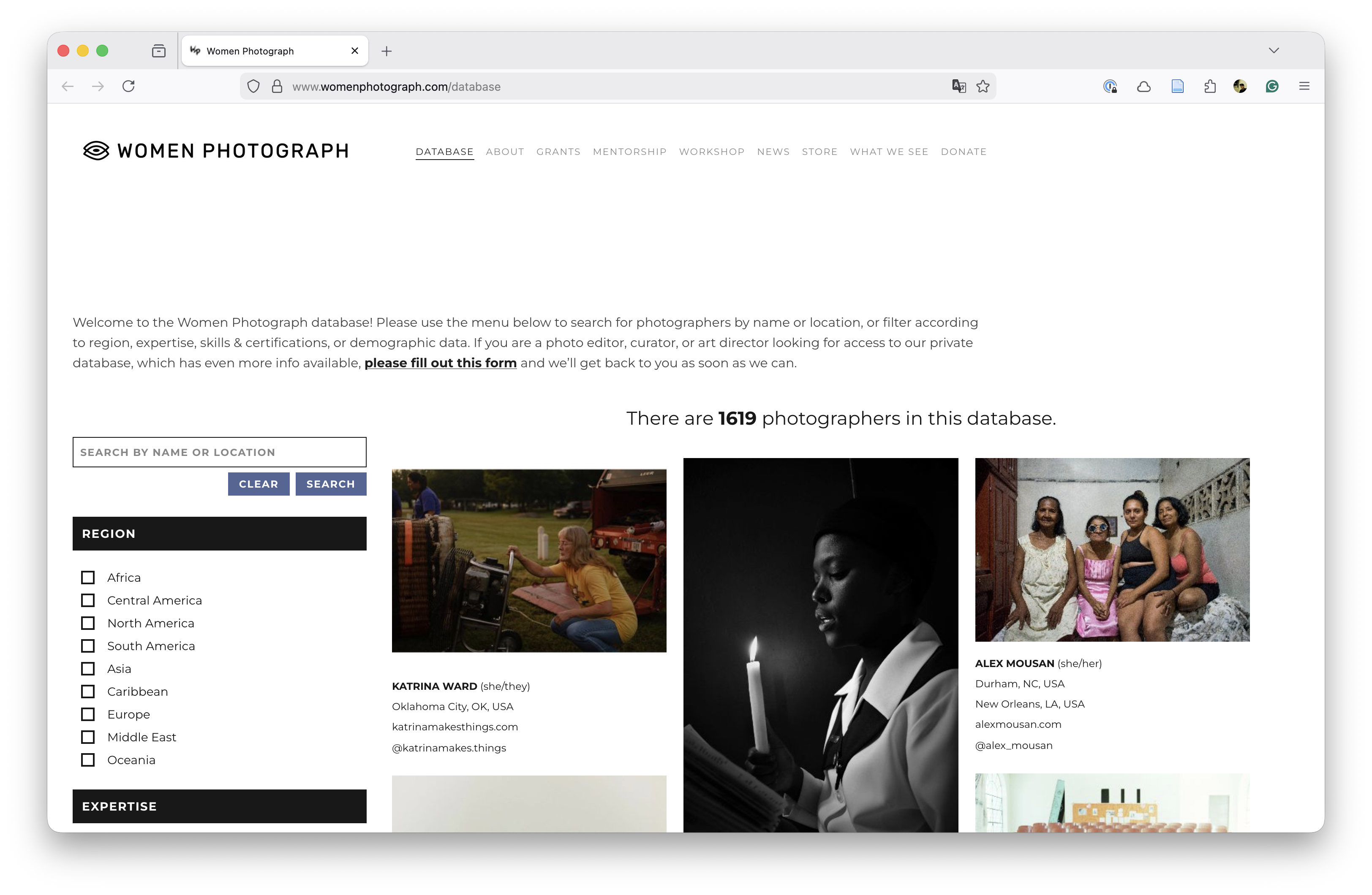 Screenshot of the Women Photograph database.